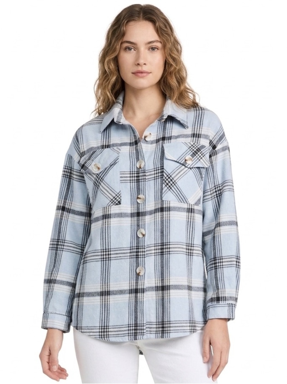 Froccella Boyfriend Cotton Shirt in Light Blue/Black Plaid  Size Medium/Large